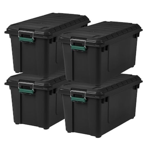 Remington 4 -Pack X-large 20.5 -Gallons ( 82 -Quarts ) Black Weatherproof Heavy Duty Stackable Tote with Latching Lid in the Plastic Storage Containers department at Lowes.com