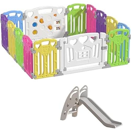 Baby Playpen Kids Activity Centre Safety Play Yard Home Indoor Outdoor New Pen (Multicolour, Classic Set 14 Panel) Toddler Slide Big Game Climbing Slide Toy Set