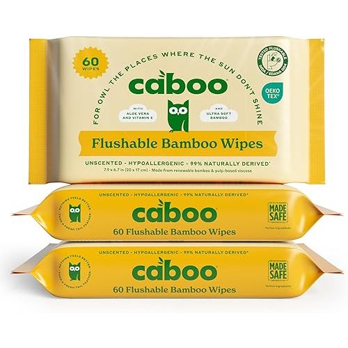 Caboo Tree Free Flushable Wipes, Certified Flushable, Septic Safe, Biodegradable, Chemical Free, Unscented Wipes for Adults made with Renewable Bamboo Based Viscose (Pack of 3, Total of 180)