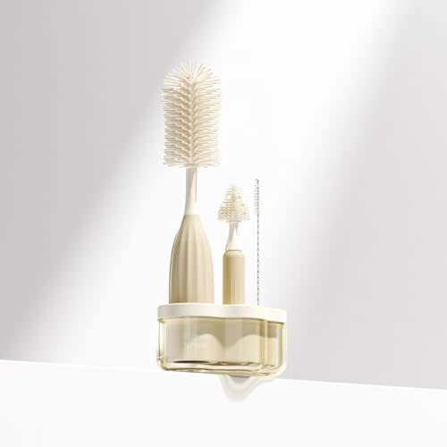 Baby Bottle Brush Kit with Push-Press Bubble and Drying Rack for Bottle Cleaning, Bendable Bottle Cleaner Brush for Baby Bottles, Breast Pumps, Nipples, Straws and More. Perfect for Home&Travel (Pink)