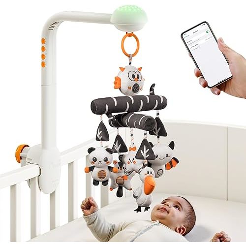 TUMAMA Baby Crib Mobile, High Contrast Baby Crib Toy with Projection Night Light, Music and White Noise, Soft Plush Animal Black and White Hanging Toy for Infant 0 3 6 9 Months Newborn Gift
