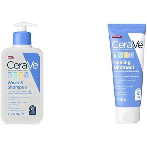 CeraVe Baby Wash & Shampoo | 2-in-1 Tear-Free Baby Wash & Sulfate Free | 8 Ounce & Diaper Rash Cream | Baby Healing Ointment for Extra Dry, 3 Ounce