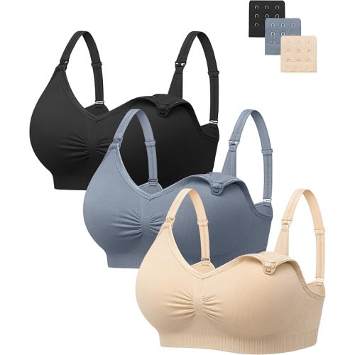 Angelhood Womens Seamless Sleep Nursing Bra,Breastfeeding Maternity Bra with Remove Bra Pads Extenders Pack of 3