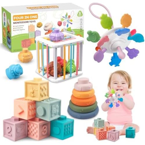 4 in 1 Montessori Baby Toys, Stacking Blocks Rings, Pull String Teether
