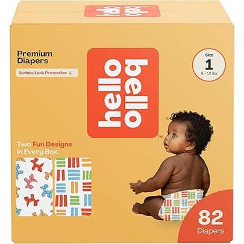 Hello Bello Premium Diapers Size 1, Balloon Buddies & Crosshatch Cuties Designs, 82ct Club Box