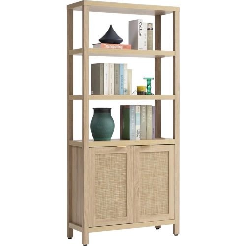 SICOTAS Bookshelf 5 Tier Book Shelf Rattan Boho 71" Tall Bookcase with Doors Storage Shelves Large Bookshelves Farmhouse Bookcases Library Book Case for Living Room Bedroom Home Office Kitchen