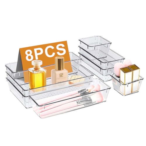 Lockways 8Pcs Clear Plastic Drawer Organizers Kitchen Storage Bins Divider Stackable Containers Set