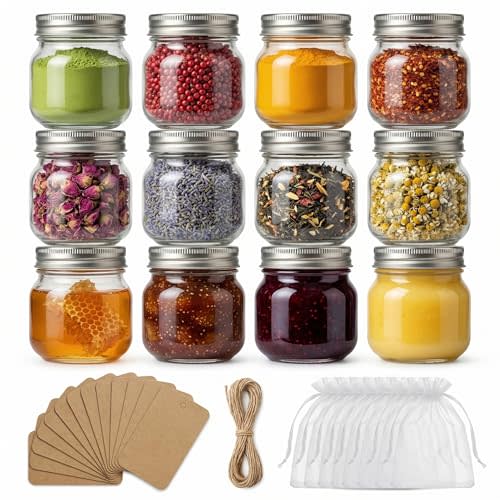 8 oz Mason Jars with Airtight Silver Lids - 12 Pack Small Glass Jars Set with Labels & Twine - Wide Mouth Canning Jars for Yogurt, Pantry Spice Organization, Homemade Jam & Honey
