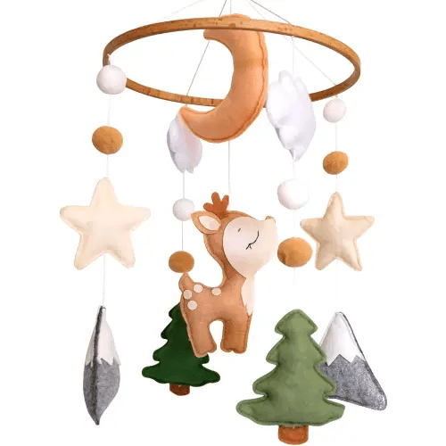Woodland Baby Crib Mobile, Deer Baby Mobile for Crib Boys & Girls, Fawn Nursery Mobile, Forest Theme Baby Nursery Decor, with Moon, Stars, Trees & Mountains