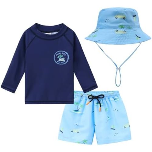 Baby Boys Swimsuit Trunk and Rashguard Set Sun Hat UPF 50+ Toddler Bucket Hat
