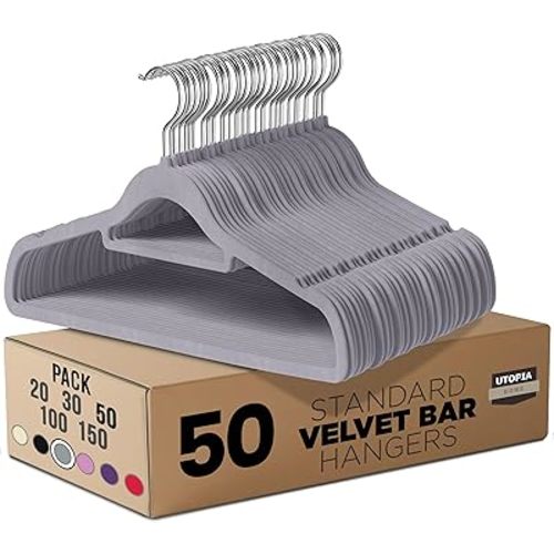 Utopia Home Premium Velvet Hangers 50 Pack – Non-Slip Slim Clothes Hangers with Tie Bar & 360° Swivel Hook, Space-Saving Felt Hangers for Shirts, Pants & Dresses (Grey)