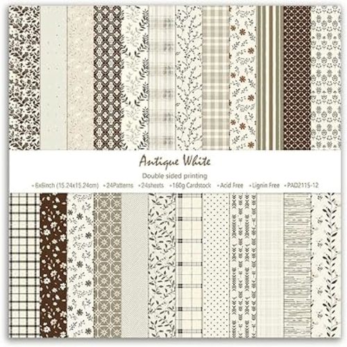Neutral Scrapbook Paper 6x6 – 24 Sheets Double Sided Scrapbooking Paper Pad, Floral Decorative Paper with Polka Dots & Plaids for Card Making, Junk Journals (Antique White)