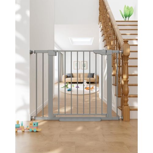 Cumbor 29.7"-40.6" Baby Gate for Stairs, Mom's Choice Awards Winner-Dog Gates for Doorways, Pressure Mounted Auto-Close Pet Gates for Dogs Indoor, Safety Child Gate with Easy Walk Thru Door, Gray