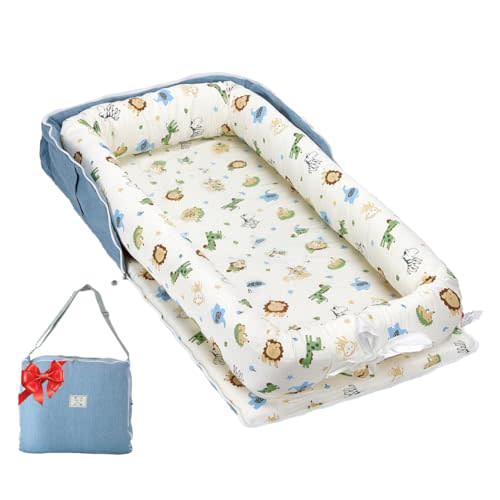 Loevin Baby Lounger for Newborn 0-24 Months, 100% Cotton Breathable Infant Lounger with Adjustable Size, Portable Baby Nest for Home & Travel Use, Newborn Essentials Gifts (Animal World Blue)