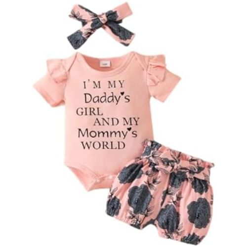RONGTAI Baby Girl Clothes Outfits Summer Infant Newborn Short Sleeve Letter Print Romper Shorts with Headband 0-18 Months