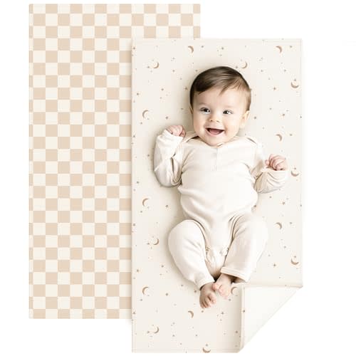 Konssy Faux Leather Baby Changing Mat, Waterproof, Wipeable & Portable Diaper Changing Pad for Travel or Home, Fits Perfectly in Diaper Bag, 30 x 17 inches (Milk Apricot Check,Moon)