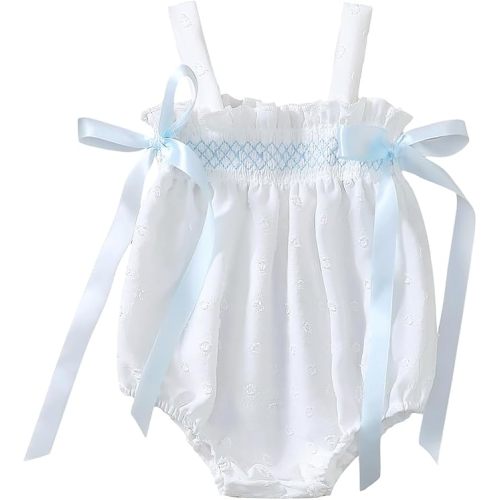 Honganda Newborn Baby Girl Summer Outfit Bow Ruffle Decor Smocked Bubble Romper Infant Baby Shower Gifts