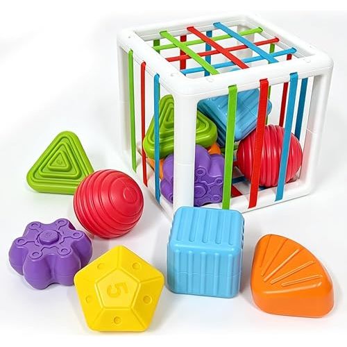 Block Set of 6 Sensory-Shaped Blocks, Montessori Toy Suitable for 1-Year-olds, Toys for 12-18 Month Babies, Busy Board for 1-Year-olds, Gift