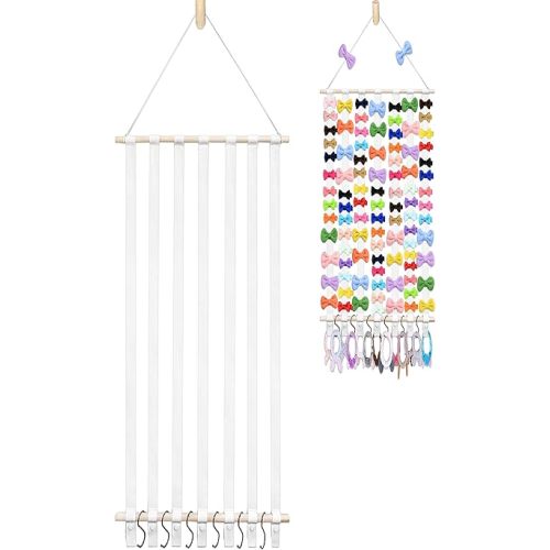 48.5" X 16.5" Bow Holder for Girls Hair Bows, Baby Bow Holder w/7 Cotton Ribbons, 6 Plastic Hooks, 1 Seamless Hook & 1 Wooden Wall Hook, Hair Bow Organizer for Girls