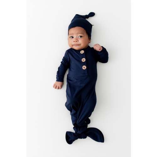 Knotted Gown with Hat Set in Navy - 0 to 3 months
