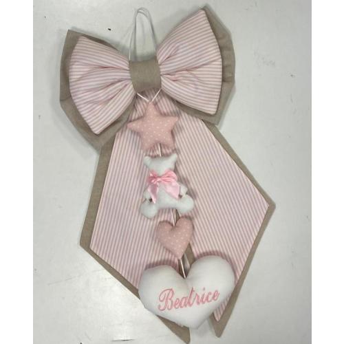 Fabric birth bow outside the door baby shower personalized gift idea bedroom decoration teddy bear hearts stars embroidered name cotton