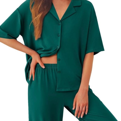Ekouaer Women Pajamas Set Button Down Sleepwear Short Sleeve Pjs Soft Comfy Nightwear with Long Pants S-XXL