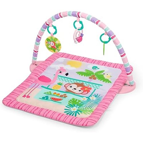 Bright Starts Pink Palms Tiki-Toy Bar Baby Activity Gym & Tummy Time Mat with-Toy Bar and 3 Toys, Newborn to 3 Years