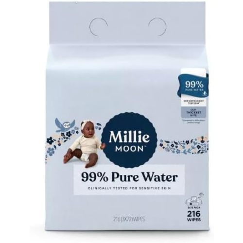 Millie Moon Baby Wipes, 99% Water, Fragrance Free, Plant-Based Cloth, 216 Count