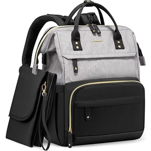 LOVEVOOK Diaper Bag Backpack, Baby Bag with Changing Station, Large Diaper Backpack for Mom Dads, Waterproof Leather Mommy Bag for Boy and Girl, Travel Essential Baby Shower, Black-Grey