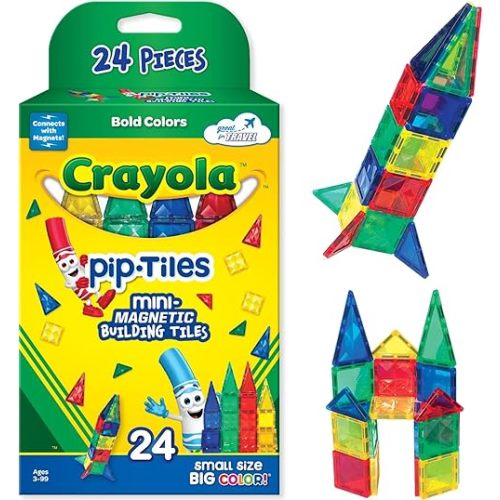CreateOn Crayola Mini Magnetic PIP-Tiles, Bold Colors - Building Set for Kids, Magnetic Building Toys for Kids, STEM Travel Toys for Boys and Girls Ages 3+, 24-Piece Set (Bold)