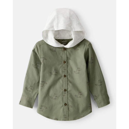 Toddler Boy Racoon Print Cotton Long-Sleeve Hooded Button-Down Shirt - Green | Carter's