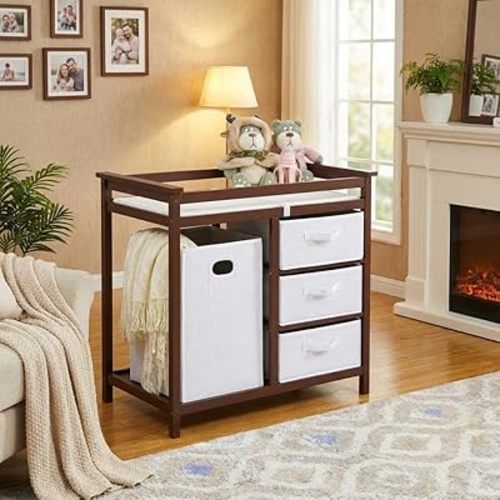 Garvee Wooden Baby Changing Table, Modern Diaper Changing Table, Infant Diaper Station Dresser with Laundry Hamper, 3 Drawer Basket- Storage Organizer for Baby Clothes, Diapers & Toys