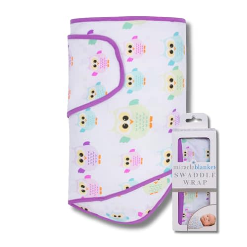 Miracle Blanket Swaddle Wrap – Help Your Newborn Sleep Longer – Soft & Secure Sleep Sack for Infants – Easy-to-Use Swaddling Blanket for a Calm Baby (Owls with Purple Trim)