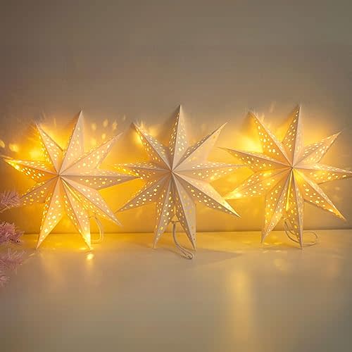 Paper Star Lantern 3PCS Christmas Paper Stars Lantern 13.78 inch 9 Points Paper Star Lantern Hanging 3D Christmas Paper Star Hanging Star Foldable for Wedding Xmas White decoración navideña