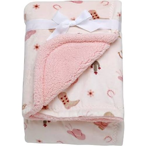 2 Ply Silky Baby Blanket, Reversible, Western Ranch Print (Pink and Cream, 30 in. x 40 in.)