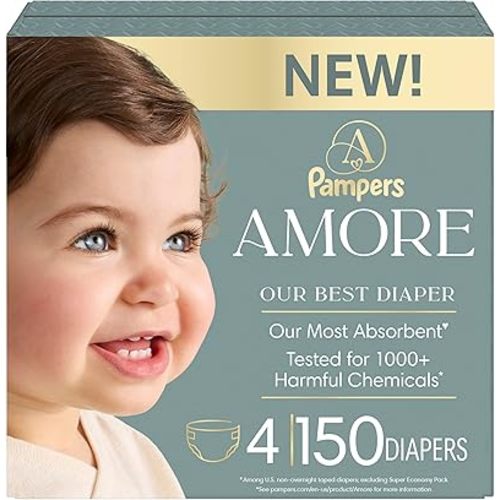 Pampers Amore, Size 4 (15-34 lbs), 150 Count, Our Best Diaper – Hypoallergenic & Fragrance Free, Up to 100% Leakproof, Soft as Cashmere