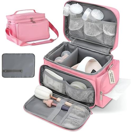 Breast Pump Bag Fit for Spectra S1 and S2, Wearable Breast Pump Bags with Milk Pack, Pumping Bag with Waterproof Mat for Pump Accessories, Bottle Bags for Travel and Family, Pink
