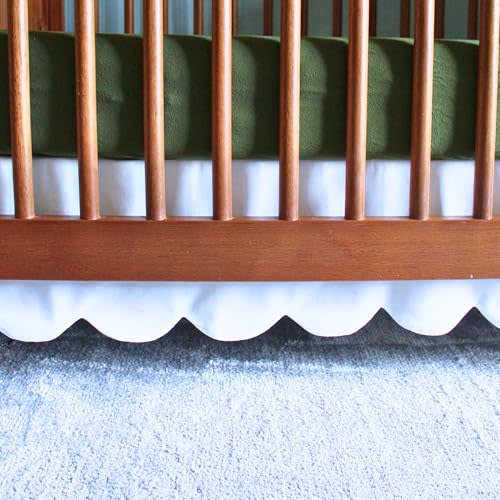White Scalloped Crib Skirt Ruffle (Front/Two Sides) Adjustable Linen Cotton Blend, Neutral Baby Bedding for Boys and Girls, Elegant Nursery Decor Skirt