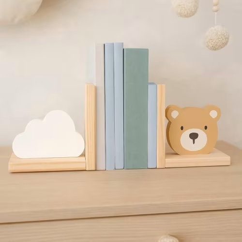 Teddy Bear & Cloud Bookends - Baby Boy Woodland Nursery Decor and Shower Gift