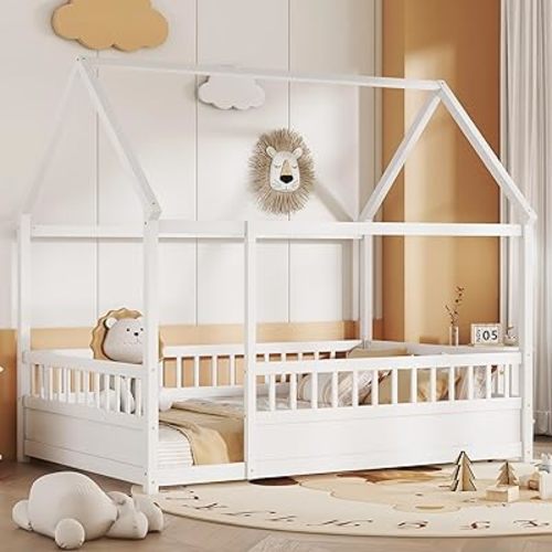 Bellemave Full Size House Bed Frame with High Fence,White