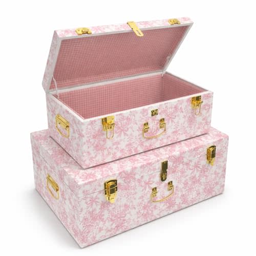 Rool Floral Decorative Storage Trunk Set of 2, Pink Metal Keepsake Trunks | Pink Trunks with Gingham Fabric Lining, Stackable for Baby’s Room, Baby Keepsake Storage, and Gifts