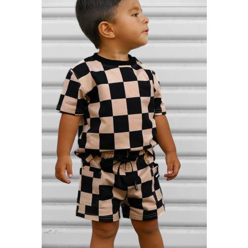 Everyday Cotton Shorts Set in Taupe + Black Checkered