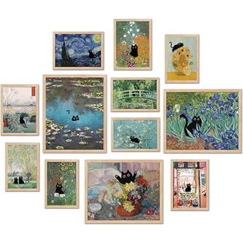 TwoDays Vintage Black Cat Room Decor, Funny Cats in Famous Painting, Monet Van Gogh Matisse Wall Art Prints for Bathroom Bedroom Aesthetic (Multi Sizes, Set of 12, 8" X 10" Largest, UNFRAMED)