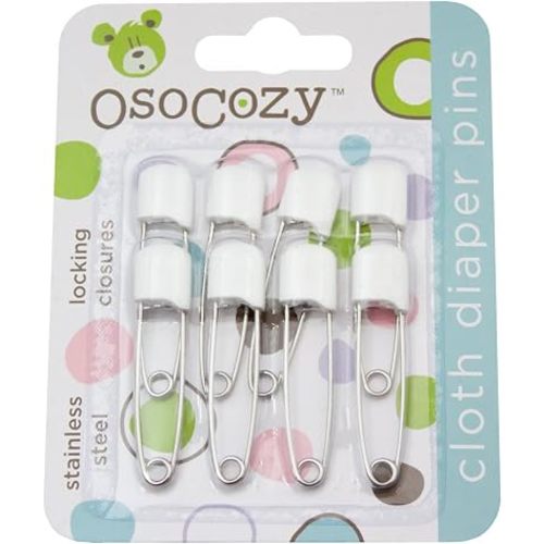 OsoCozy Diaper Pins - 8 Pack White - Sturdy, Stainless Steel Diaper Pins with Safe Locking Closures - Use for Special Events, Crafts or Colorful Laundry Pins