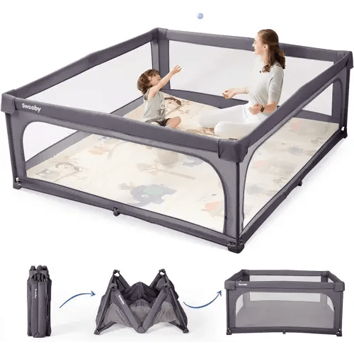Sweeby Baby Playpen, 59x59 Inch Baby Gate Playpens for Babies and Toddlers, Large Playpen with Door Play Yard for Indoor and Outdoor Play Pen,Darkgrey