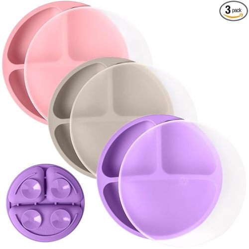 WeeSprout Suction Plates with Lids for Babies & Toddlers - 100% Silicone, Dinnerware Stays Put, Divided Design for Picky Eaters, Microwave & Dishwasher Friendly, 3 Pack
