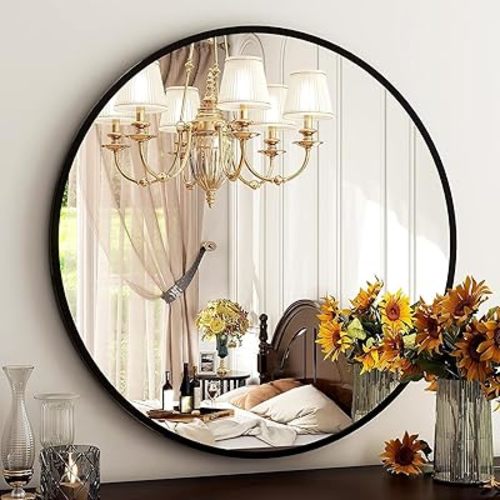 HARRITPURE 28" Round Mirror - Black Bathroom Mirror Circle Wall Mirror with Brushed Aluminum Alloy Frame Modern Decor for Living Room, Vanity, Bedroom, Entryway