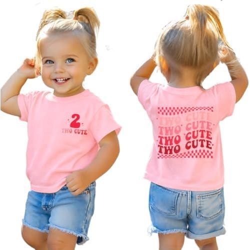 KEKEMI Two Cute Birthday Shirt 2nd Birthday Girl Tshirt 2 Year Old Toddler Girls Second Bday Party Short Sleeve Outfits Tops