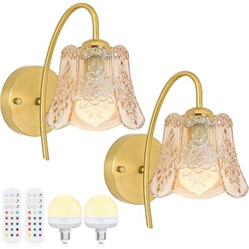 Vintage Battery Wall Sconce with Flower lampshade,Rechargeable Battery Powered Wall Lights,Wall lamp with 15 Colors for Bedroom Living Room Home Decor (Amber, 2 Light Battery Operated)