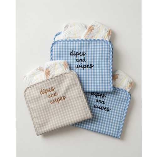 Embroidered Gingham Diaper Wipes Pouch – Blue or Beige Baby Organizer